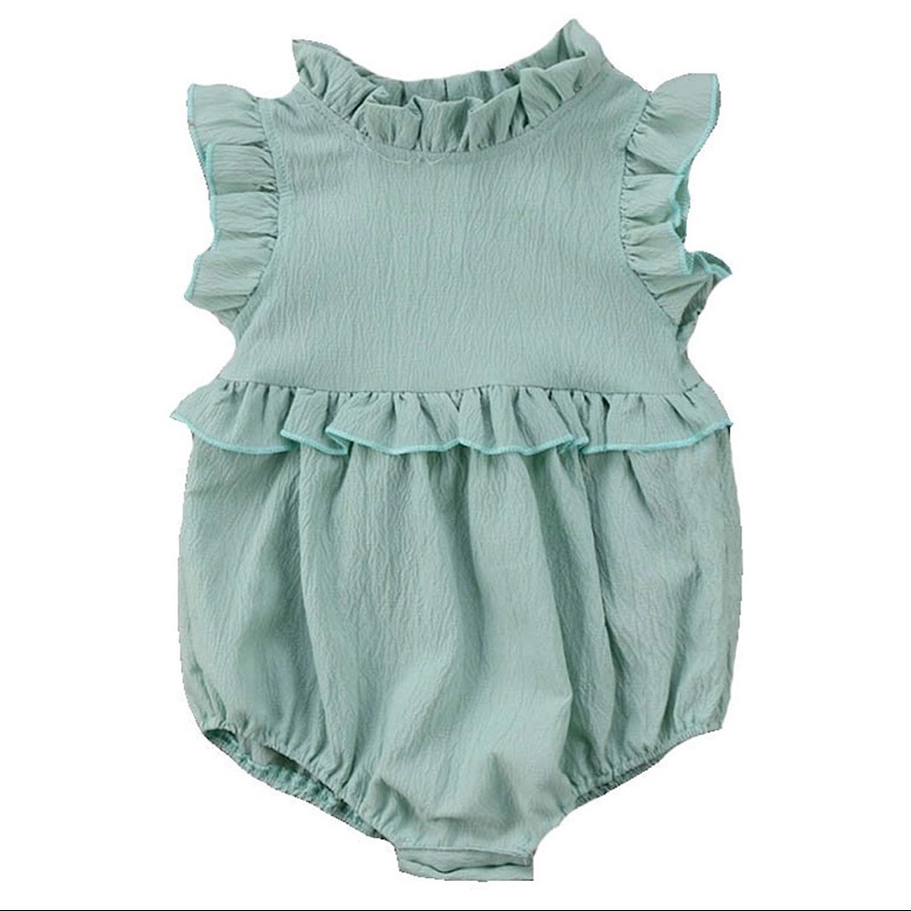 The MADISON Baby Girl Ruffle Bubble Romper in Sage